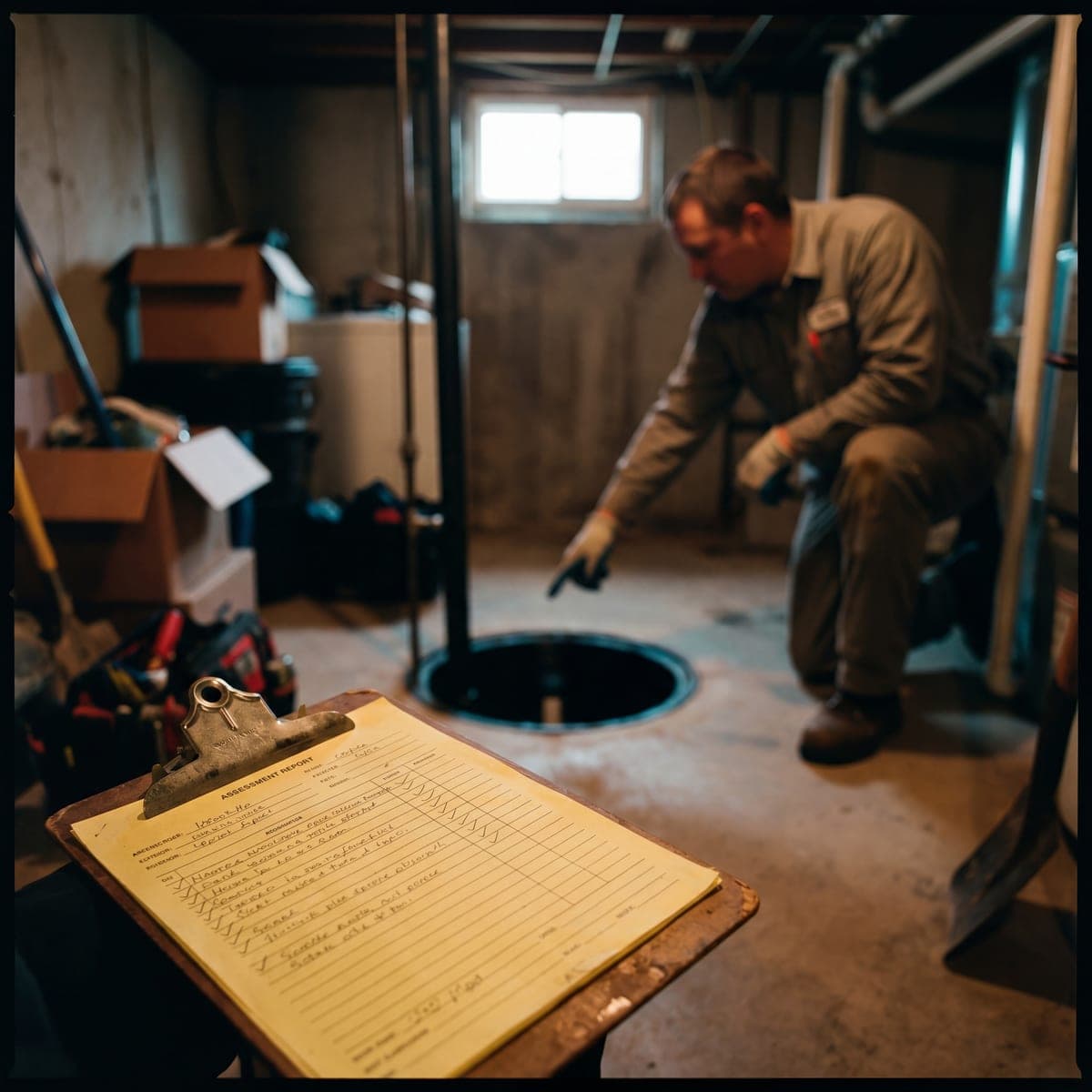 Assessment clipboard and pointing at a basin during inspection