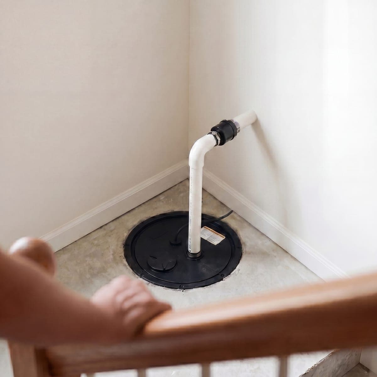 Homeowner looking at a freshly installed sump pump with relief