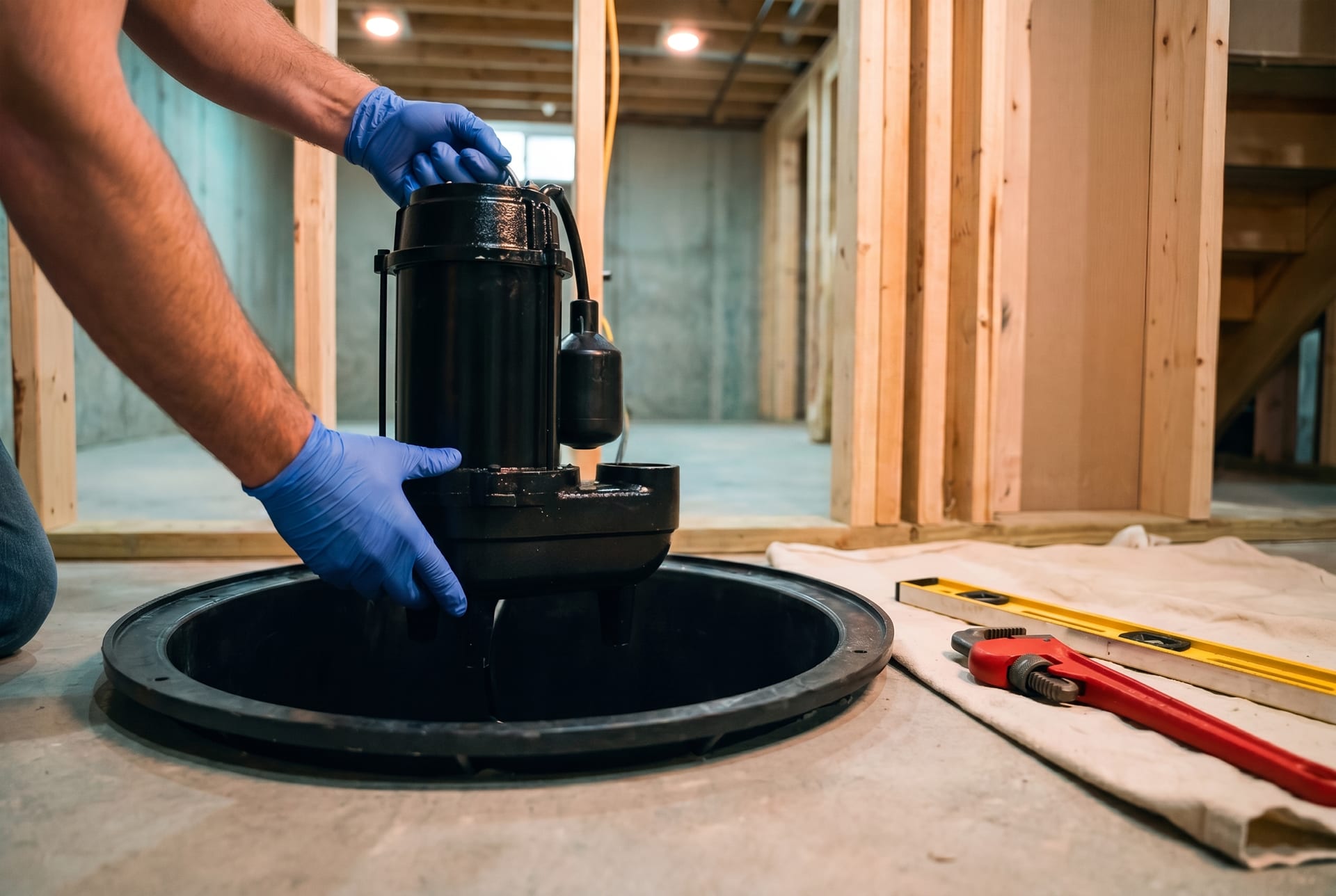 New sump pump being installed in a clean basin