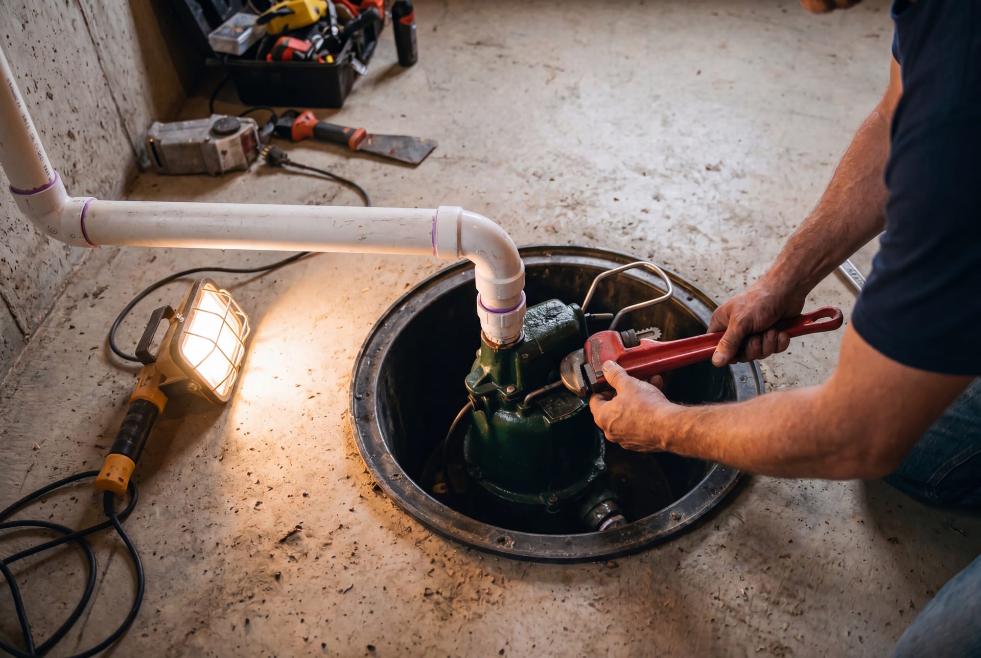 Gloved hand tightening a check valve during a sump pump install