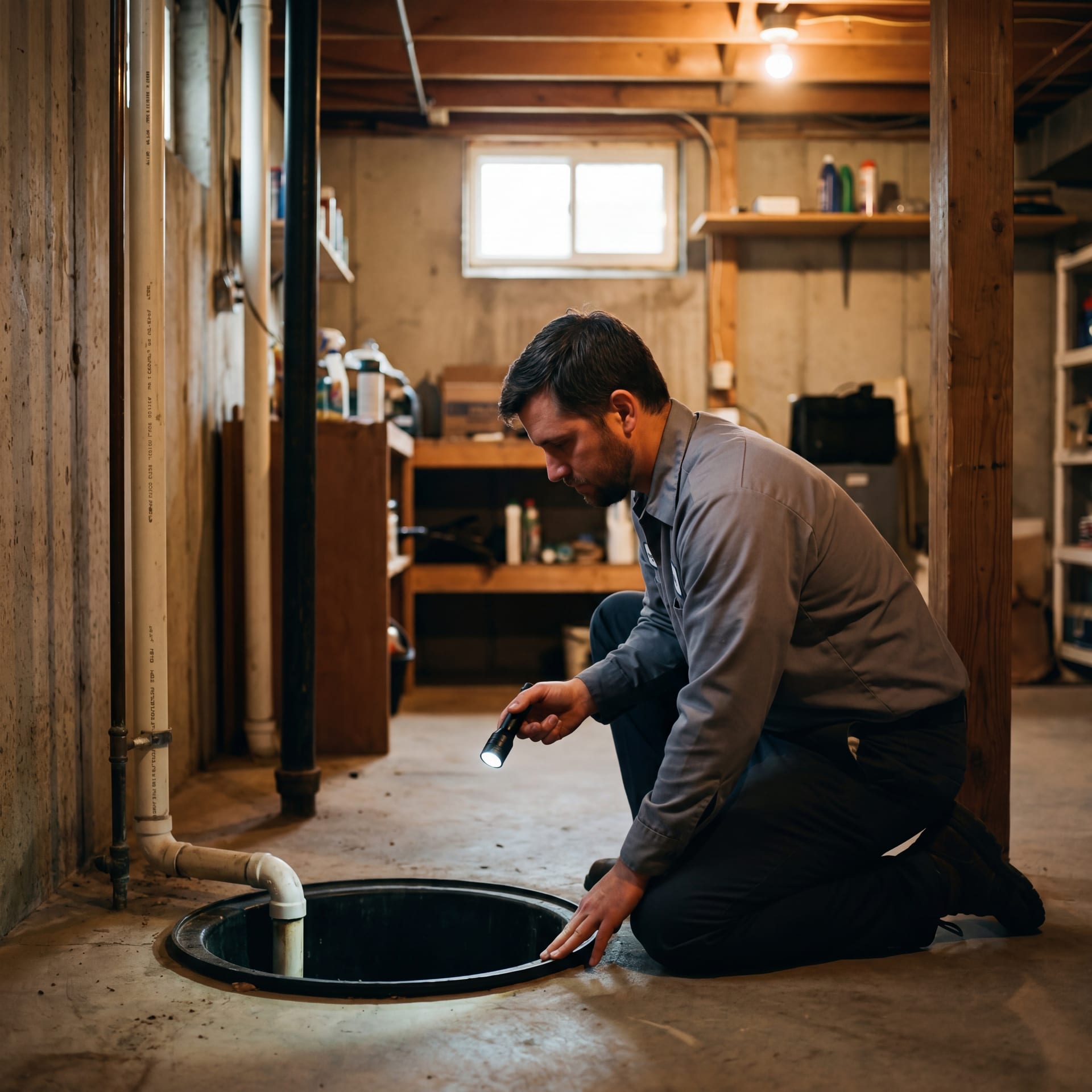 Technician kneeling at a sump basin with a flashlight
